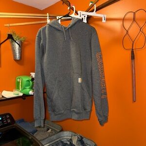 Carhartt Charcoal Hoodie with Orange Sleeve Logo